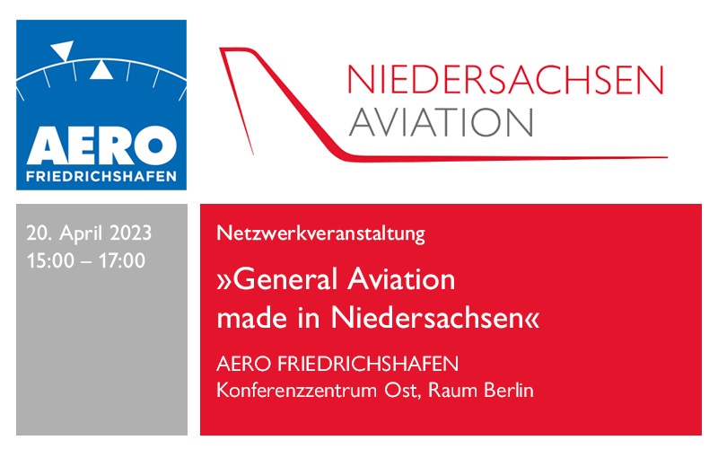 Am 20. April 2023 fand im Rahmen der AERO Friedrichshafen, der Weltleitmesse der Innovationen in der General Aviation, die Netzwerkveranstaltung „General Aviation made in Niedersachsen“ statt. Die Veranstaltung der Landesinitiative Niedersachsen Aviation bot den rund 30 interessierten Teilnehmenden einen Einblick in die Innovationskraft niedersächsischer Unternehmen im Bereich der General Aviation und verdeutlichte einmal mehr, wie vielfältig die Unternehmenslandschaft am Standort ist.