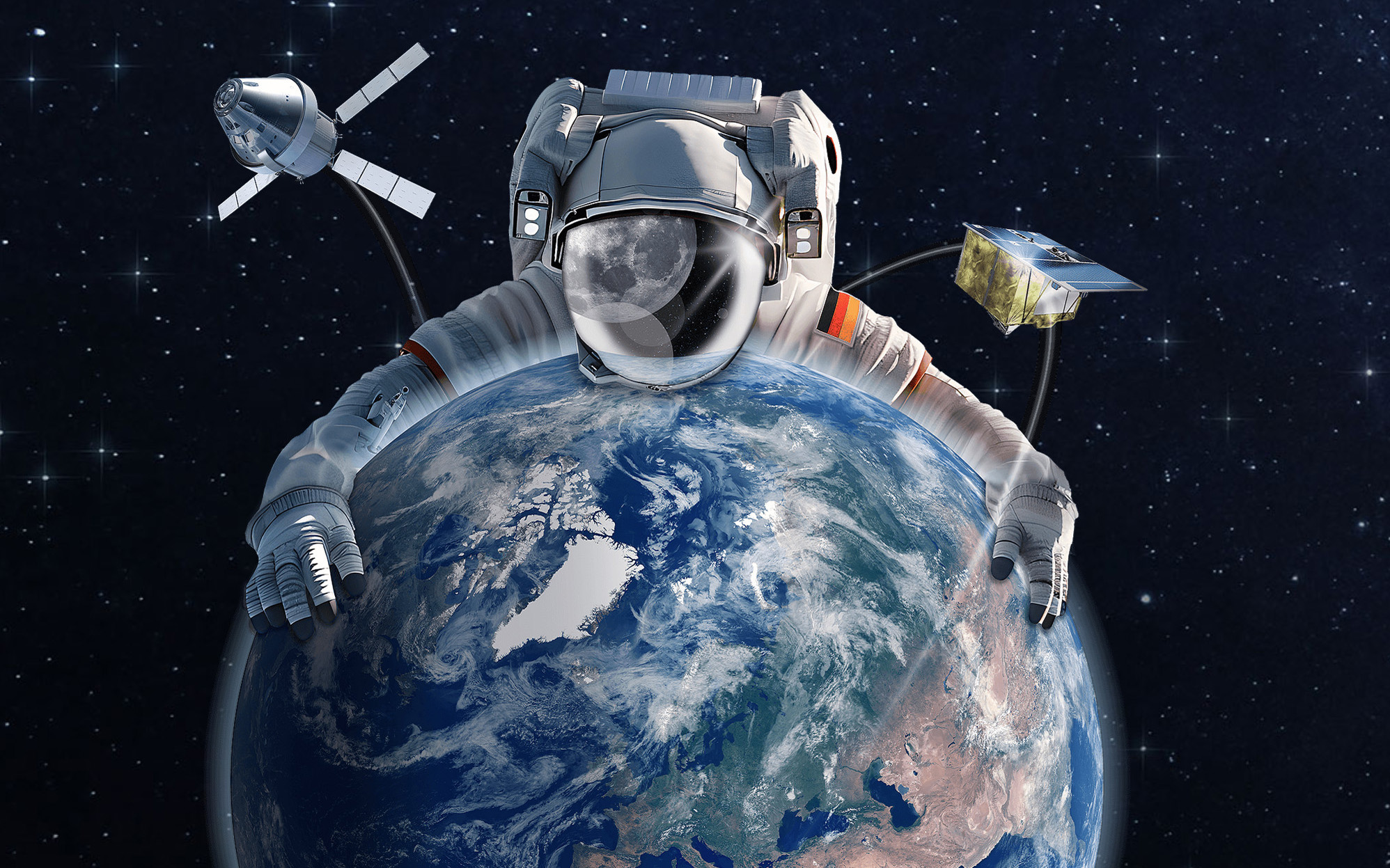 Zu sehen ist ein Astronaut, welcher sich über den Planeten Erde beugt.